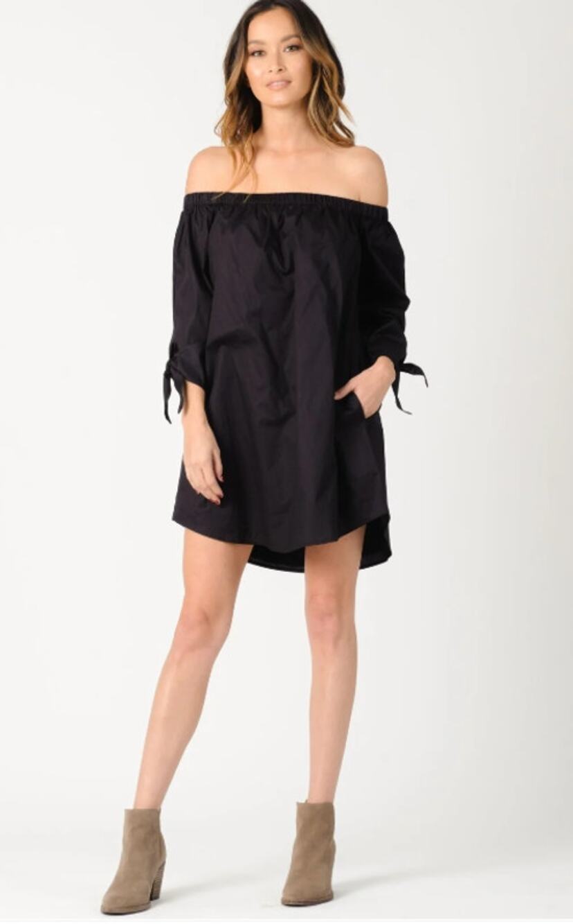 Lucca Couture Eliana Off Shoulder Mini Dress WMNS S Black 3/4 Tie Sleeve Stretch